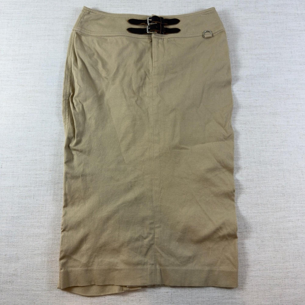 Lauren Ralph Lauren Tan Khaki Pencil Skirt Leather Buckle Detail Size 2